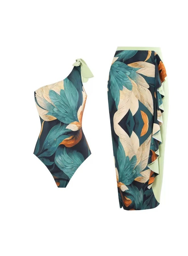 طقم سباحة نسائي من قطعتين مع غطاء للشاطئ، ملابس سباحة نسائية مع تنورة تغطية - Image 1